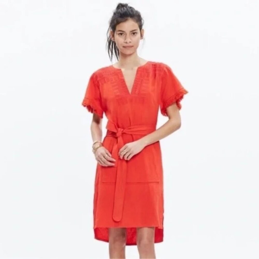 Madewell Linen Blend Embroidered Paradise Red Mini Dress